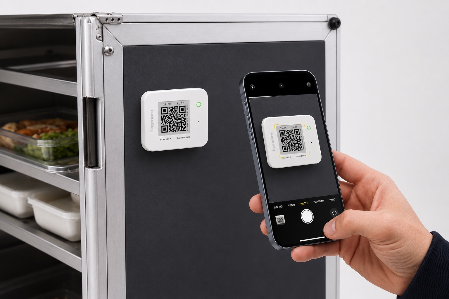 Logmore QR data logger on a food distribution cart
