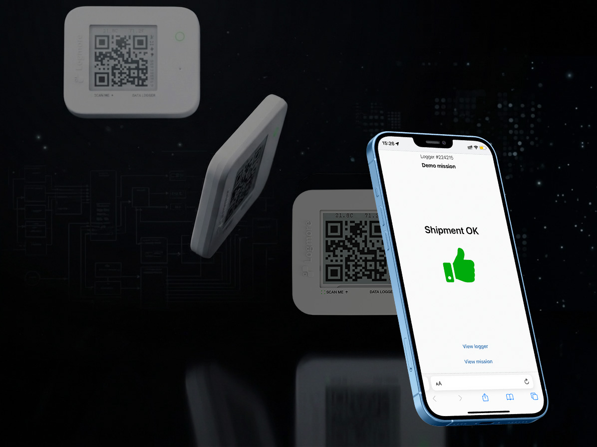 Logmore QR data logger scan showing Shipment OK on a phone