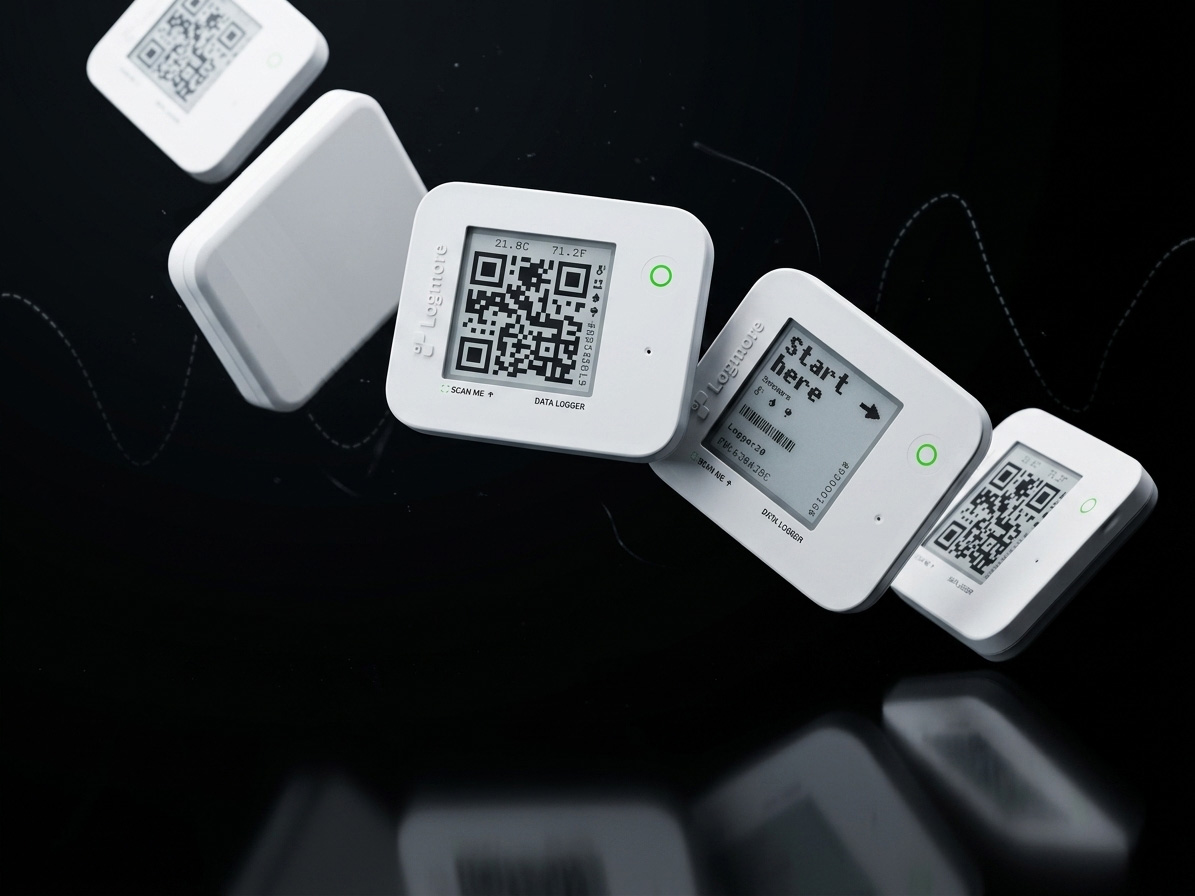 Logmore QR data loggers floating over a dark background
