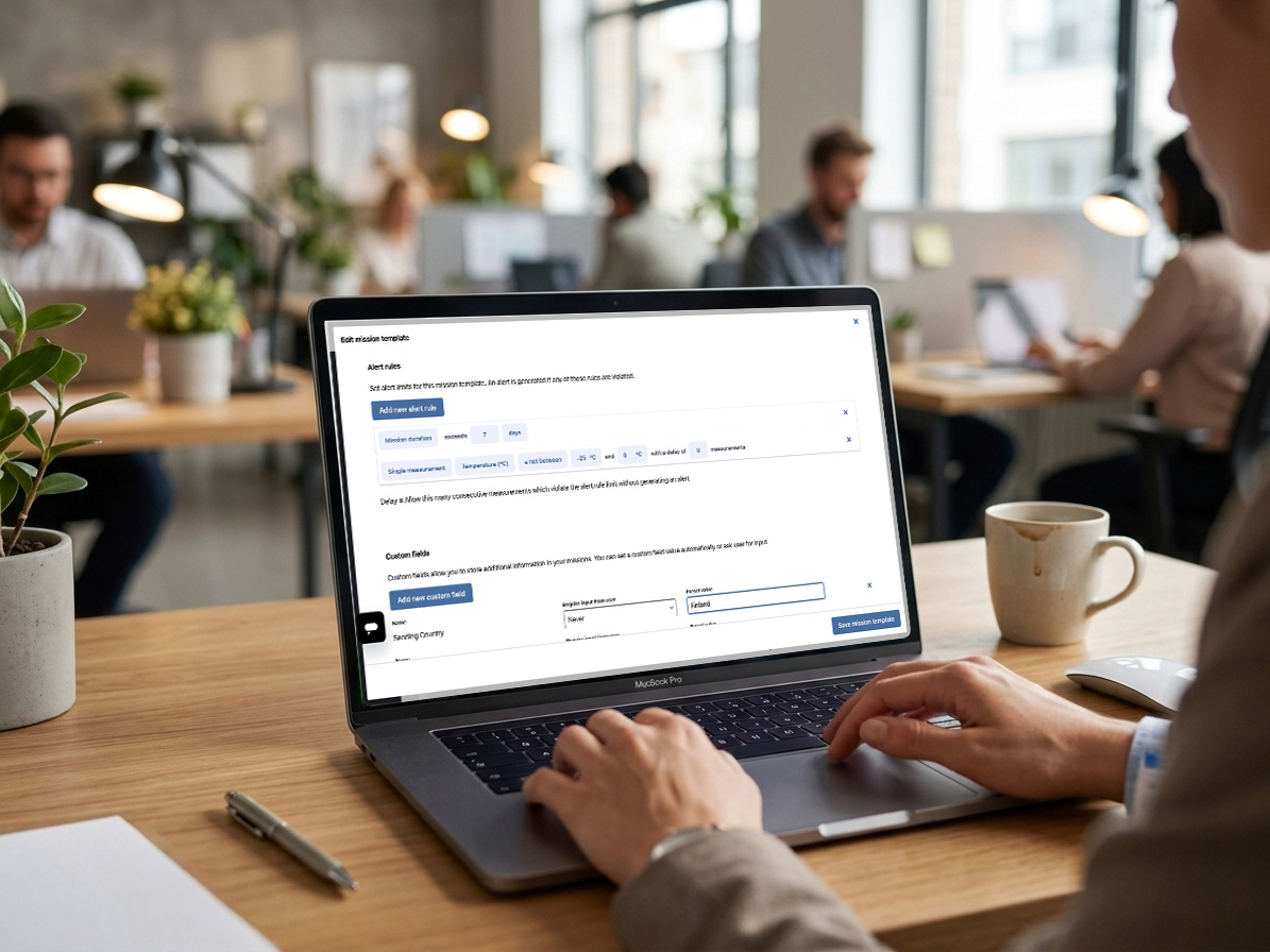 Person configuring shipment monitoring settings on a laptop